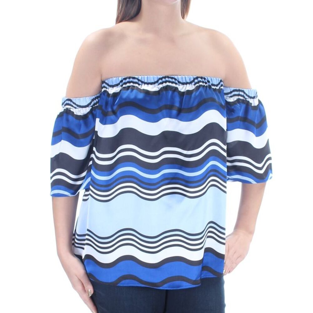INC Womens Blue Striped Short Sleeve Off Shoulder Top Size: L - Picture 3 of 4